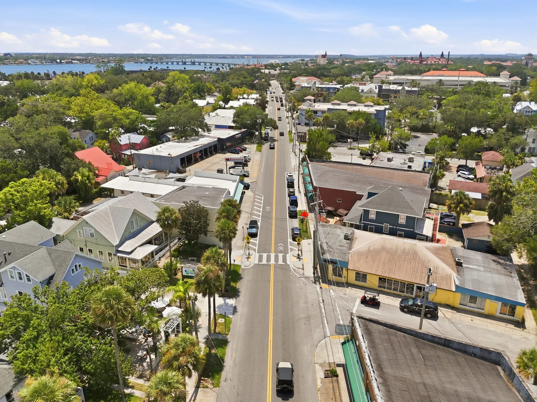 Aerial view along San Marco Avenue looking south toward downtown St. Augustine and the waterfront